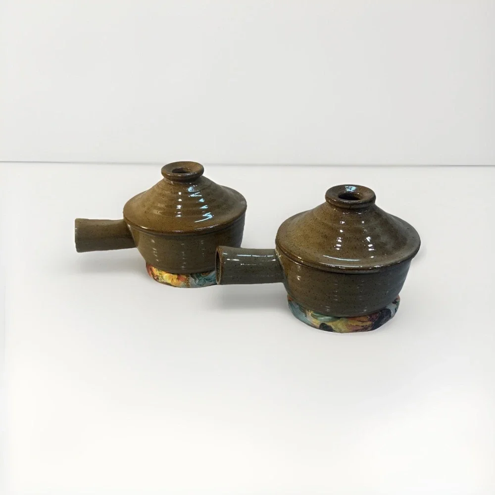 2 Vintage Soup Crocks Brown Pair Handles Vented Lids
